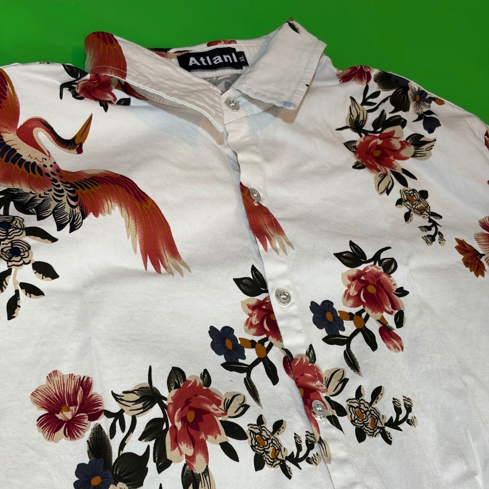 Atlanl Crane Floral AOP Button Up Shirt Mens XL White S/S‎ Casual Stretch Party